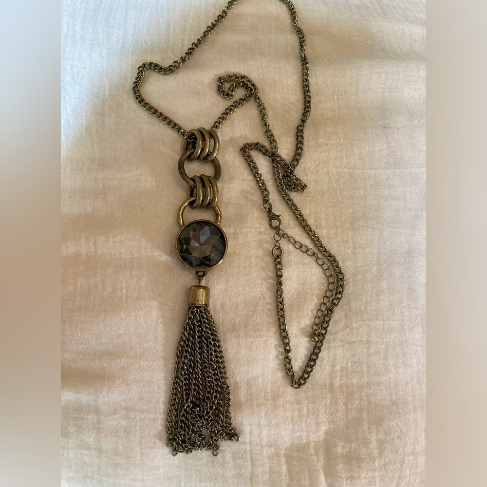 Antiqued Gold Tone‎ Necklace w/ Long Jeweled Tassel Necklace